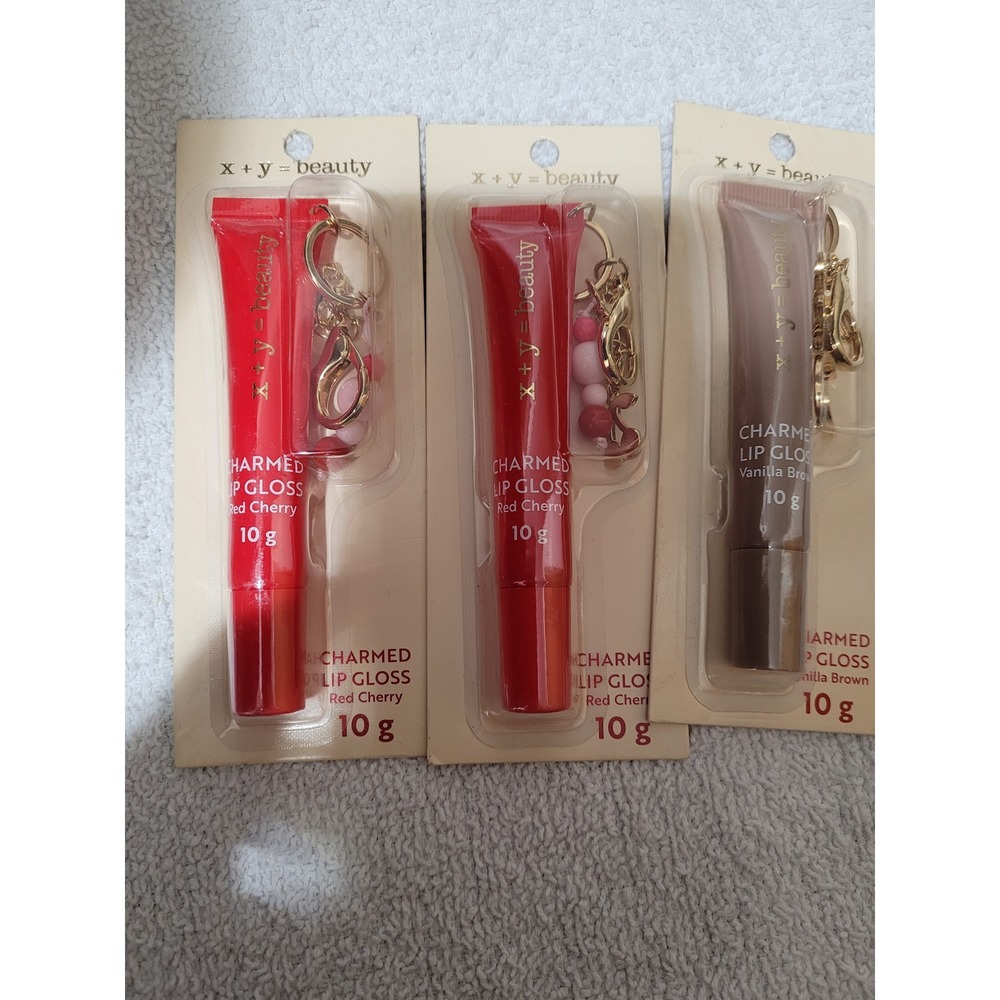 x + y = beauty Charmed Lip Gloss Women 3pk Red Brown NEW Keychain Charm 10g Each